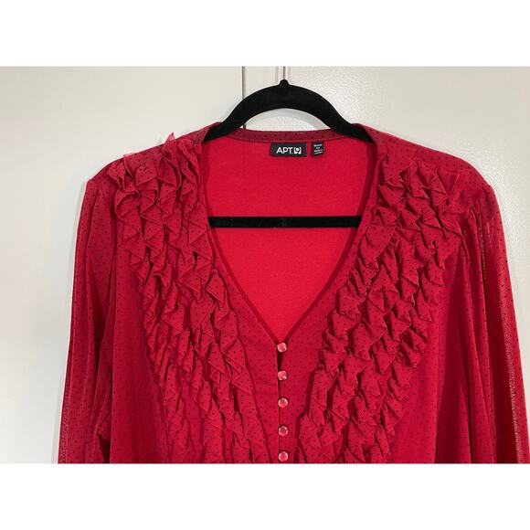 APT. 9 Woman Red Polka Dot Ruffled 3/4 Sleeve Button front V-Neck Blouse Size 1X - Picture 2 of 10